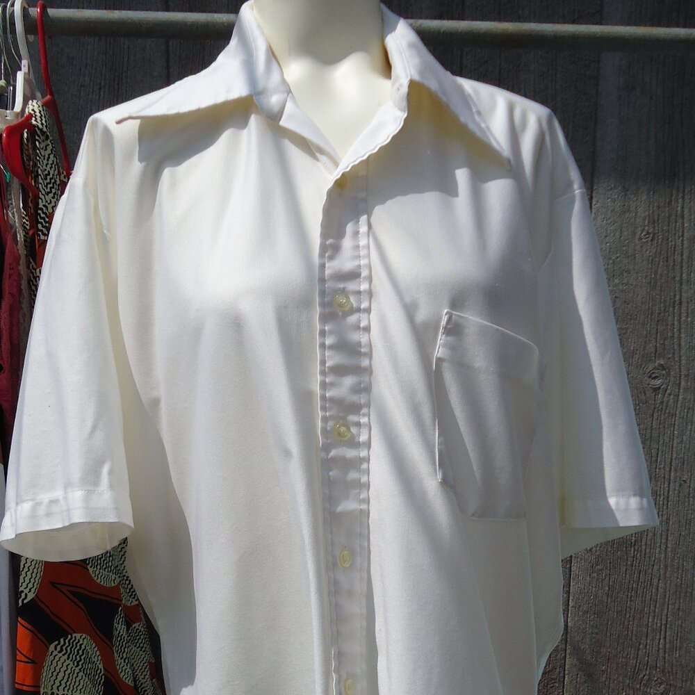 Vintage NOS  Off White Qiana Nylon 70s Pimp Disco Shirt 16 1/2 Oldstock